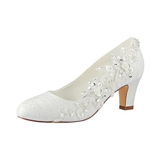 Emily Bridal scarpe da sposa donna seta come raso tacco spesso stiletto con punto pizzo fiore perla di cristallo, avorio, 38 eu