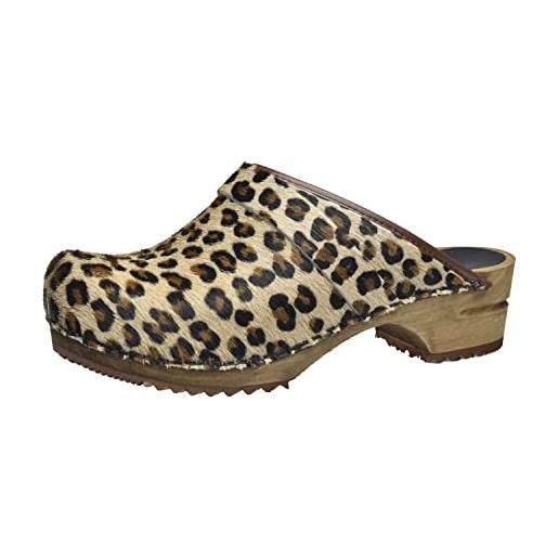 Sanita caroline | zoccoli aperti da donna | zoccoli in pelle con suola in legno | prodotto originale fatto mano | marrone leopardo | 36