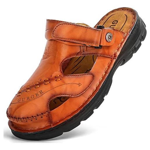 GURGER sandali uomo pelle zoccoli estivi punta chiusa ciabatte sabot taglie 44 rosso marrone