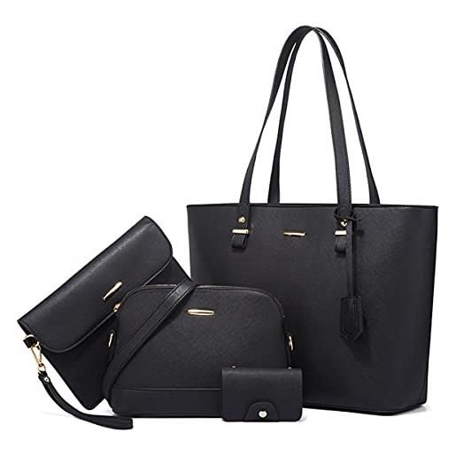 AioTio borsa donna set borse a mano borse a tracolla grande borse a spalla borse tote in pelle pu borse donna elegante 3 pezzi set (3pcs set, bianco nero)