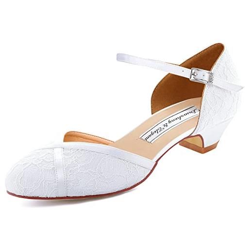 Duosheng & Elegant hc2023 scarpe da sposa basse tacco laccetto alla caviglia chiuse scarpe sposa pizzo bianca 38
