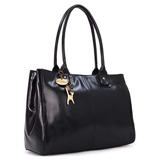 Catwalk Collection Handbags - vera pelle - grande borsa a spalla/borse a mano/tote - con ciondolo a forma di gatto - kensington - blu