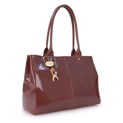 Catwalk Collection Handbags - vera pelle - grande borsa a spalla/borse a mano/tote - con ciondolo a forma di gatto - kensington - marrone