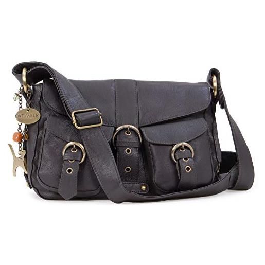 Catwalk Collection Handbags - vera pelle - borse a tracolla/borsa a mano/messenger/borsetta donna - con ciondolo a forma di gatto - louisa - nero