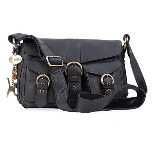 Catwalk Collection Handbags - vera pelle - borse a tracolla/borsa a mano/messenger/borsetta donna - con ciondolo a forma di gatto - louisa - blu