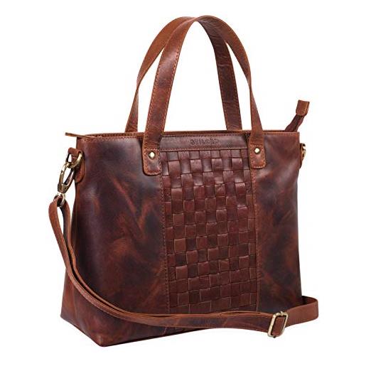 STILORD 'mara' borsa da donna in pelle vintage grande borsa a tracolla con manici e con elegante intreccio in vero cuoio, colore: cognac - used