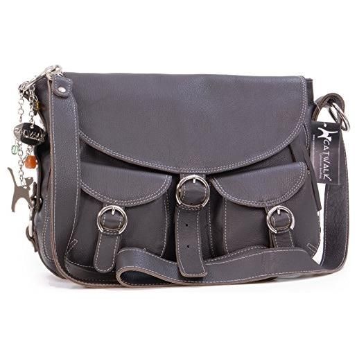 Catwalk Collection Handbags - vera pelle - borse a tracolla/borsa a mano/messenger/borsetta donna - con ciondolo a forma di gatto - courier - blu scuro