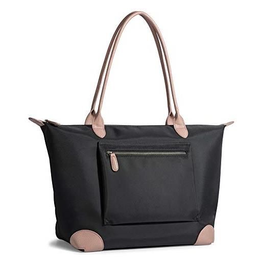 Doris&Jacky borsa modello "tote bag" da donna, grande borsa in nylon con manici in pelle, impermeabile, con cerniera, ideale per viaggio e lavoro, nero (13-nero), large