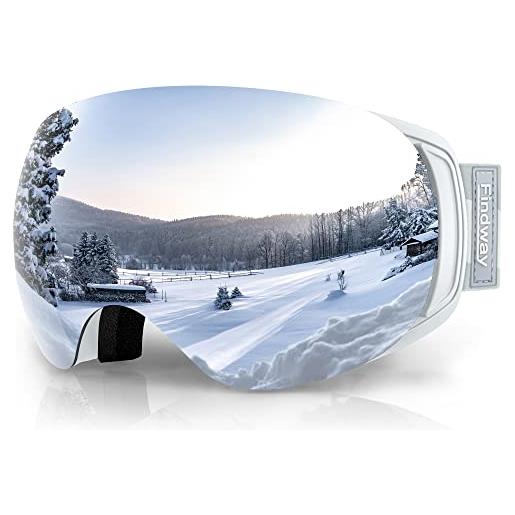 findway maschera sci, occhiali da sci magnetica donna uomo, maschera per snowboard e sci per occhiali da vista otg, argento lente polarizzata specchio