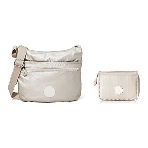 Kipling arto, borsa a tracolla donna, argento (metallic glow) + portafoglio donna argento (metallic glow)