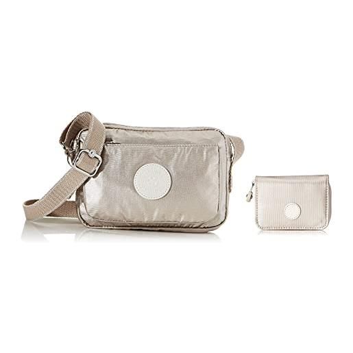 Kipling abanu, borsa a tracolla donna argento (metallic glow) + portafoglio donna argento (metallic glow)