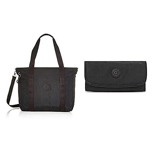 Kipling asseni borsa da spiaggia, 49 cm, 20 liters, nero (black noir)+wallets donna, nero noir, 3x18.5x10 cm