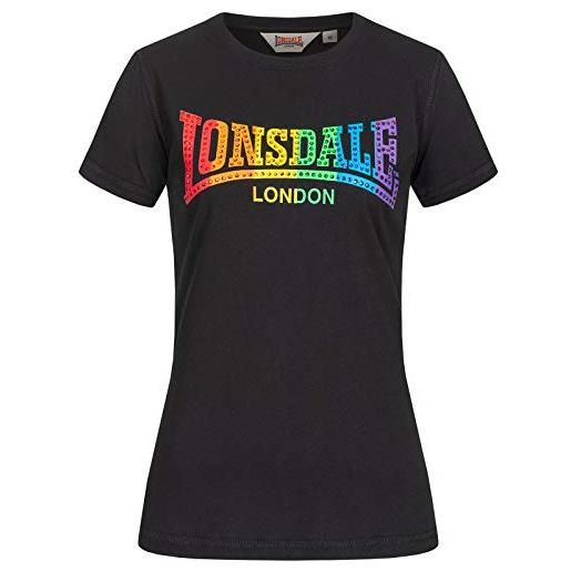 Lonsdale - happisburgh t-shirt nera da donna con maniche corte. Grafica a colori. Street fashion per donne e ragazze. 