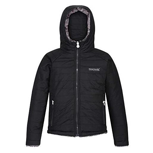 Regatta spyra - giacca con cappuccio, leggera, isolante con design reversibile baffled/quilted jackets unisex da bambino, unisex - bambini, rkn101, nero, fr: l (taille fabricant: 7-8)