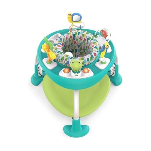 Bright Starts, centro attività e tavolo 2in1 bounce bounce playful pond - 7 giocattoli interattivi, suoni e musica, altezza regolabile, seduta ruotabile a 360°, verde, dai 6 mesi +