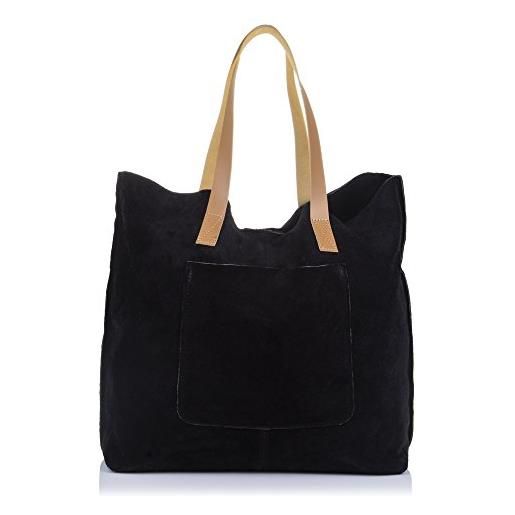 Firenze Artegiani bolso shopping bag de mujer piel auténtica, acabado gamuza borsa messenger, 50 cm, nero (negro)