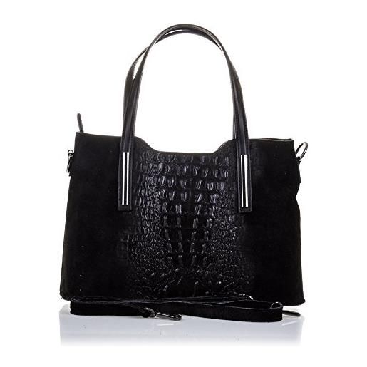 Firenze Artegiani bolso de mujer piel auténtica, grabado cocodrilo y lacado borsa messenger, 31 cm, nero (negro)