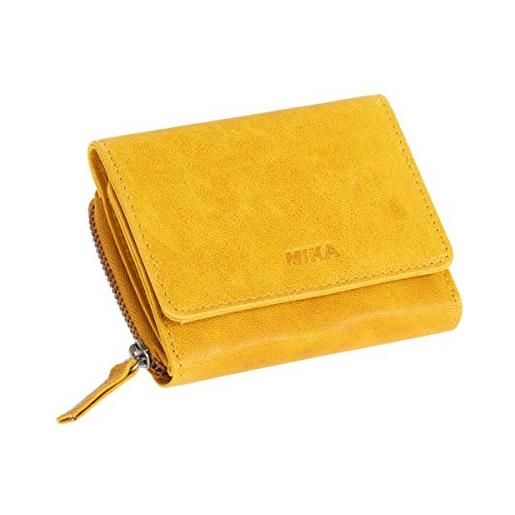 MIKA 42180 - portafoglio in vera pelle, formato orizzontale, con 6 scomparti per carte di credito, 2 scomparti per monete e banconote con chiusura lampo, colore giallo, circa 11 x 9 x 3 cm. 