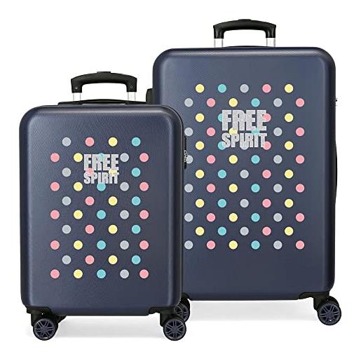 Movom free dots set valigie azzurro 55 - 68 cm rigida abs chiusura a combinazione numerica 104 l, 4 doppie ruote bagaglio a mano