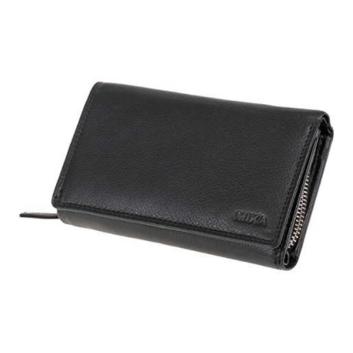 MIKA 42165 - portafoglio da donna in vera pelle, formato orizzontale, con 12 + 4 scomparti per carte di credito, scomparto a rete, scomparto per monete, portafoglio in nero, ca. 15 x 10,5 x 4,5 cm