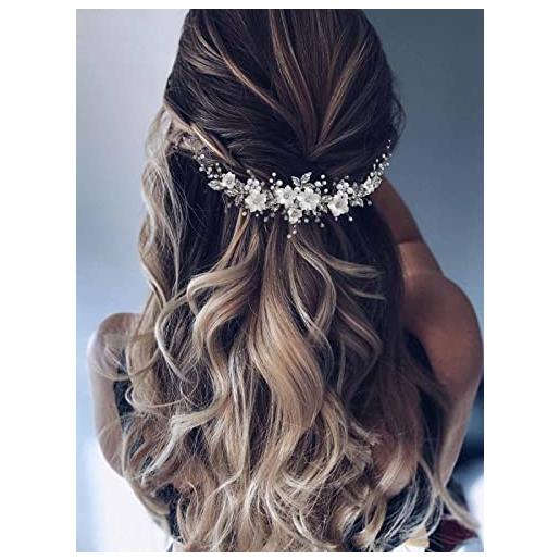 Vakkery - accessori per capelli da sposa con fiori in argento, con cristalli e perle, viti per capelli da sposa per donne e ragazze