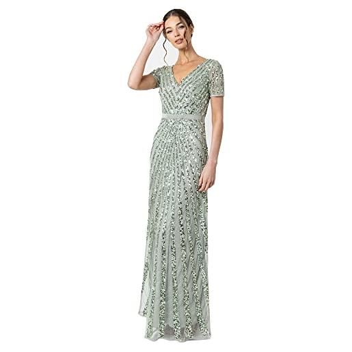 Maya Deluxe maxi womens ladies embellished sequin dress long short sleeve v neck high empire waist a cut shiny prom wedding vestito per damigella d'onore, giglio verde, 48 donna
