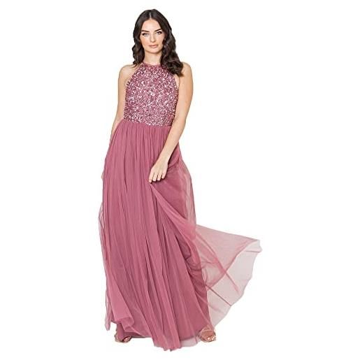 Maya Deluxe womens ladies bridesmaid maxi dress halter neck sequin embellished prom graduation wedding vestito per damigella d'onore, frosted pink, 56 donna