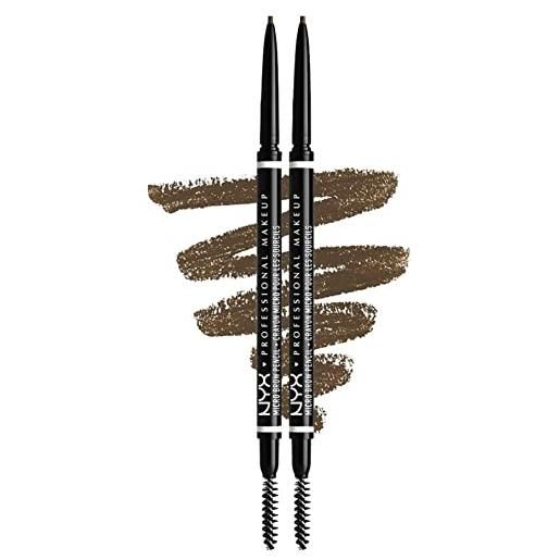 Nyx professional makeup matita sopracciglia, micro brow pencil, matita a doppia punta, matita automatica e scovolino, confezione da 2 pezzi, tonalità: ash brown
