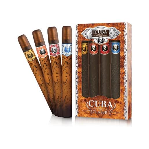 Cuba variety by Cuba for men. Set-4 piece variety spray with Cuba gold, blue, red & orange & all are edt spray 1.17 ounces by Cuba