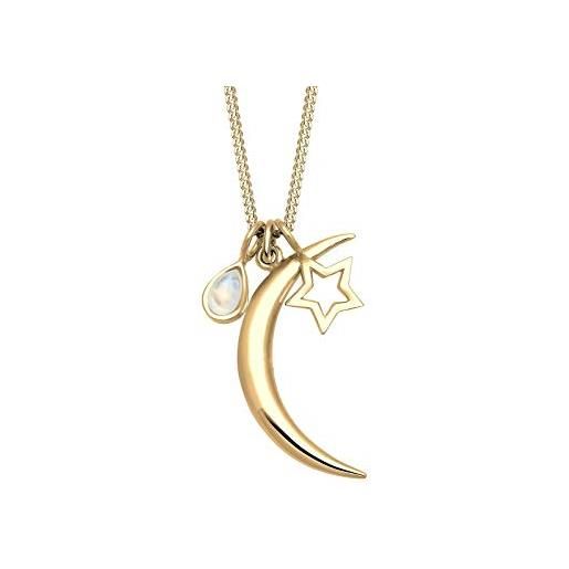 Elli collana da donna in argento 925 placcato in oro con pietra di luna, mezza luna e stella