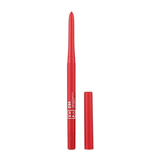 3ina makeup - the automatic lip pencil 244 - rosso - matita labbra lunga durata retrattile - matita labbra waterproof - lip liner con temperino e pennellino - vegan - cruelty free