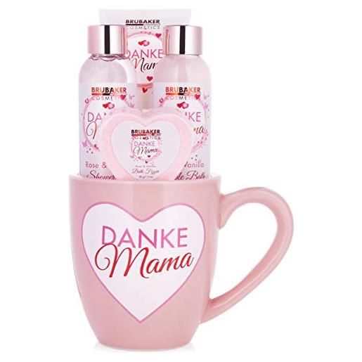 Brubaker cosmetics - grazie mamma - set da bagno e doccia - profumo vaniglia rosa - confezione regalo 5 pezzi in tazza con decorazione a cuore