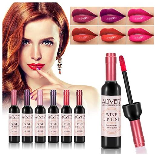 NUEDSFXO 6 colori wine lip tint, rossetti matte opaco lunga durata, impermeabile e idratante lipstick, rossetti a forma di vino, mini rossetti vino antiaderenti per le donne regali per ragazze