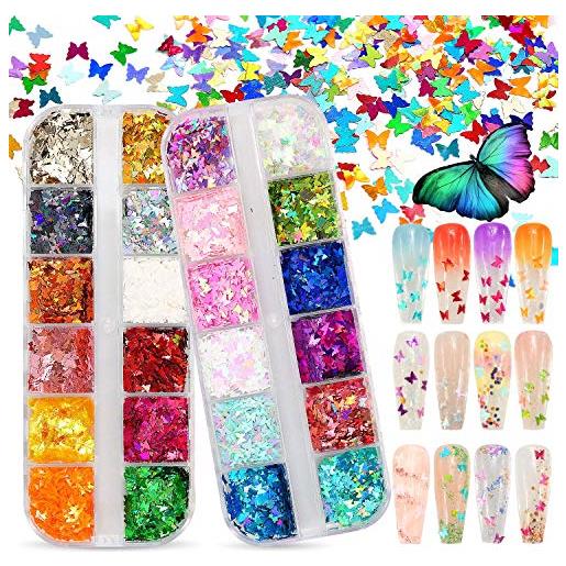 ANDERK olografica brillantini farfalla glitter unghie, 24 colori chunky glitter unghie per il corpo, a forme di farfalla per unghie art decorazioni trucco del viso e artigianato