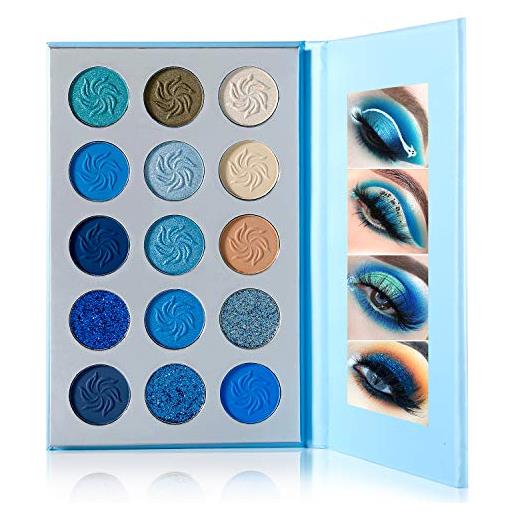 DE'LANCI palette de maquillage 15 couleurs palette de fard à paupières bleu mat et brillant blue, facile à colorer durable, imperméable, hautement pigmenté