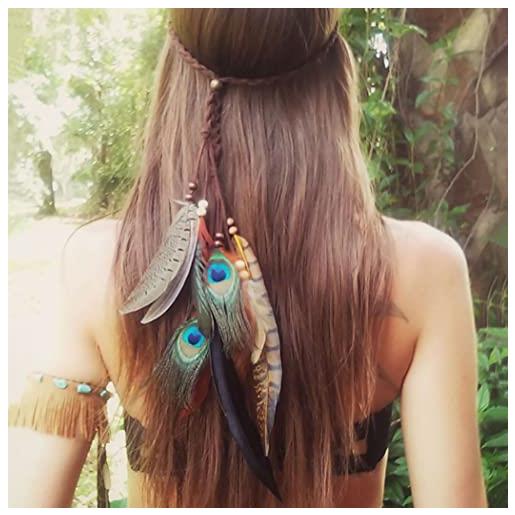 Fashband copricapo indiano con piume di pavone, stile boho, hippie, vintage, tribale, per feste e feste, accessori per capelli per donne e ragazze