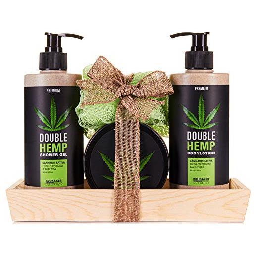 Brubaker cosmetics set da bagno e doccia in olio di canapa, menta fresca e aloe vera con vassoio decorativo in legno