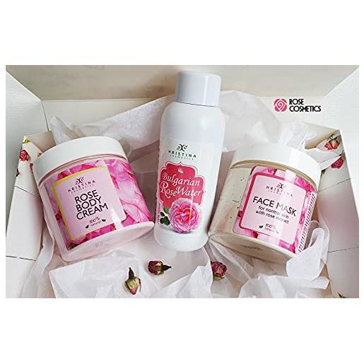 Hristina Cosmetics box natural rose damscene set di 3 prodotti naturali per la cura della pelle: maschera anti-age multi-azione + crema corpo aromatico nutriente + latte detergente