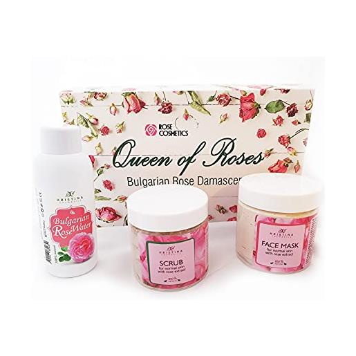 Hristina Cosmetics box "natural rose damscene" facial kit of 3 natural skincare products - multi-action anti-age clay mask with exfoliating peeling face scrub and cleansing rose water lotion tonic. 