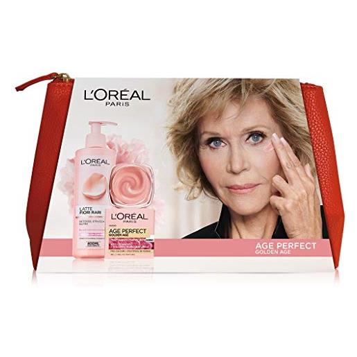 L'Oréal Paris idea regalo donna natale 2020, pochette con crema viso giorno golden age 50 ml e latte struccante per pelli secche e sensibili da 400 ml