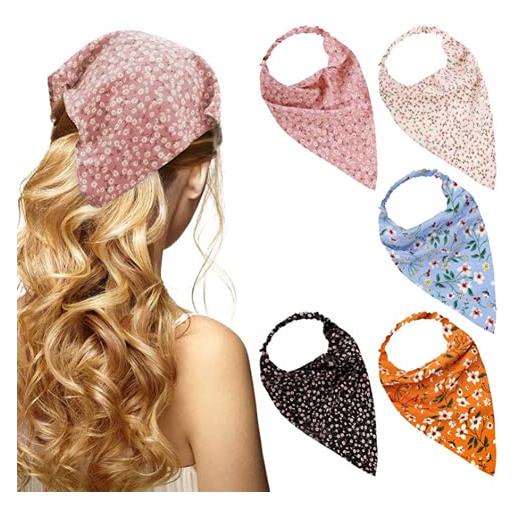 JAWSEU 5pcs fasce per capelli con sciarpa elastica floreale, bandana per capelli in chiffon, sciarpe con testa a triangolo floreale per donna