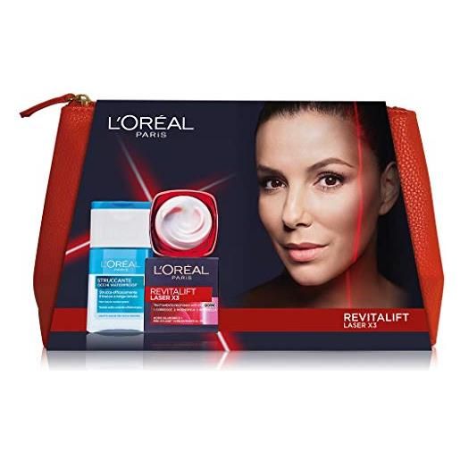 L'Oréal Paris idea regalo donna natale 2020, pochette con crema viso giorno revitalift laser x3 50 ml e struccante occhi waterproof 125 ml