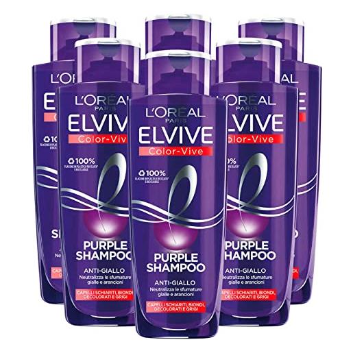L'OREAL PARIS 6x l'oréal paris elvive color vive purple shampoo anti giallo per capelli biondi decolorati e grigi neutralizza sfumature gialle e arancioni - 6 shampoo da 200ml ognuno