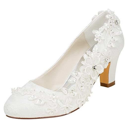 Emily Bridal scarpe da sposa donna raso di seta come tacco spesso stiletto con pizzo fiore cristallo perla (eu36, avorio)