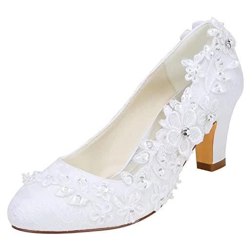 Emily Bridal scarpe da sposa donna raso di seta come tacco spesso stiletto con pizzo fiore cristallo perla (eu39, bianco)