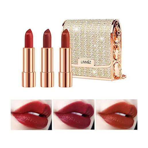 Gireatick matte lipstick makeup set per la donna, 3pcs long lasting velvet lipstick in un sacchetto di catena glamour, non-stick coppa rossetto rosso, non dissolvenza impermeabile rossetto gift set