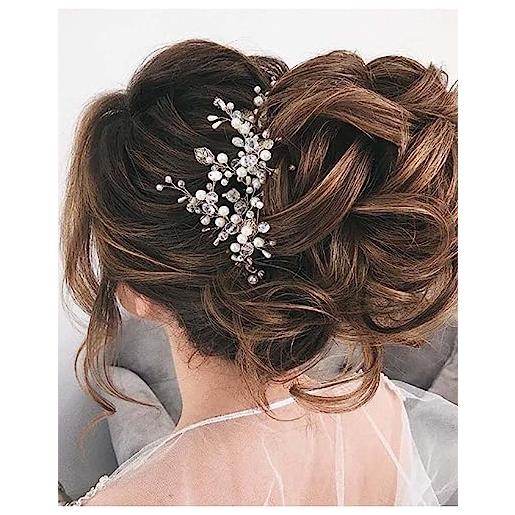 Unicra, fascia per capelli per donne e ragazze, con cristalli e perle, color argento, ideale per matrimoni