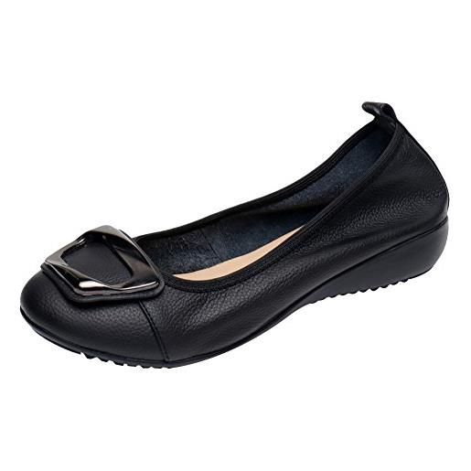 Jamron donna vera pelle comfort scarpe suola morbida ballerine tacco basso a zeppa pantofole nero sn020628 eu38.5