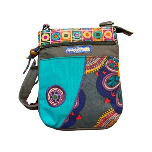 Macha borsa piccola in cotone etnico con stampe colorate e inserti in pelle, borsa a tracolla in cotone e pelle per donna etnica indiana colorata (nero)