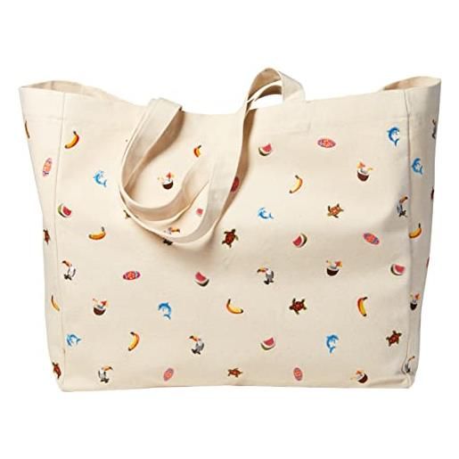 Sowel® borsa da spiaggia ricamata, shopper, borsa a tracolla, tela di cotone naturale, 50 x 20 x 40 cm (lxwxh)